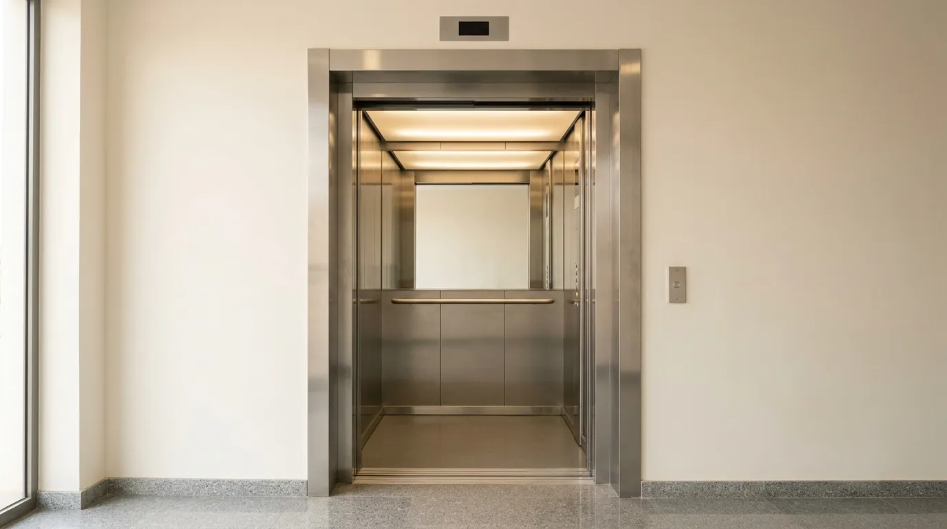 Cabine d’ascenseur portes ouvertes dans le hall d’entrée d’un immeuble